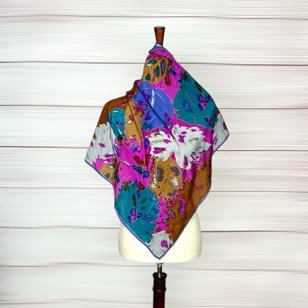 Albert Nipon for XIIX KARAT Silk Square Scarf Blue Magenta Tan Floral Vintage